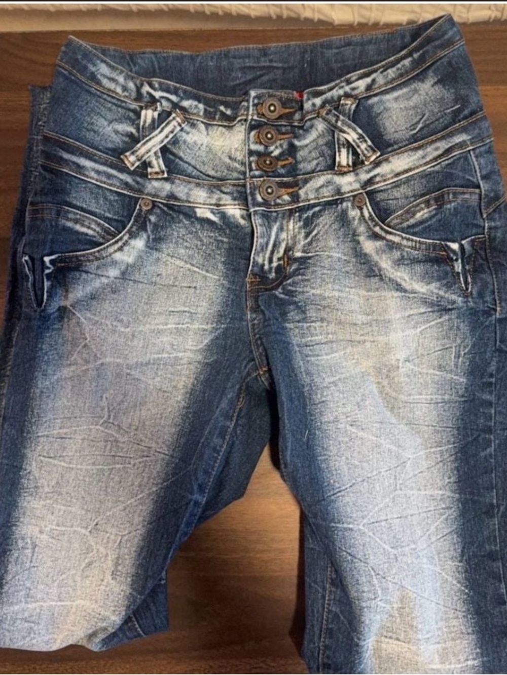 GOGO Jeans High Waisted 4-Button Fly Lace-Up Back Medium Wash Denim Jeans